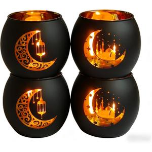Eid Mubarak Decorations for Home - Set of 4 Glass Tealight Candle Holders, Ramadan Mubarak Table Centerpiece, Islamic Mosque & Lantern Silhouette Votives, Eid Gifts, Black and Gold