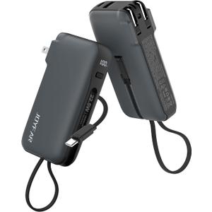 1 Pack Portable Charger with Built-in USB-C Cable & Plug, 10,000mAh 5V/4.5A Power Bank Fast Charging 22.5W, Travel Essential Battery Pack 3 Output for iPhone 16/15 Series, Samsung Galaxy, iPad (Black)