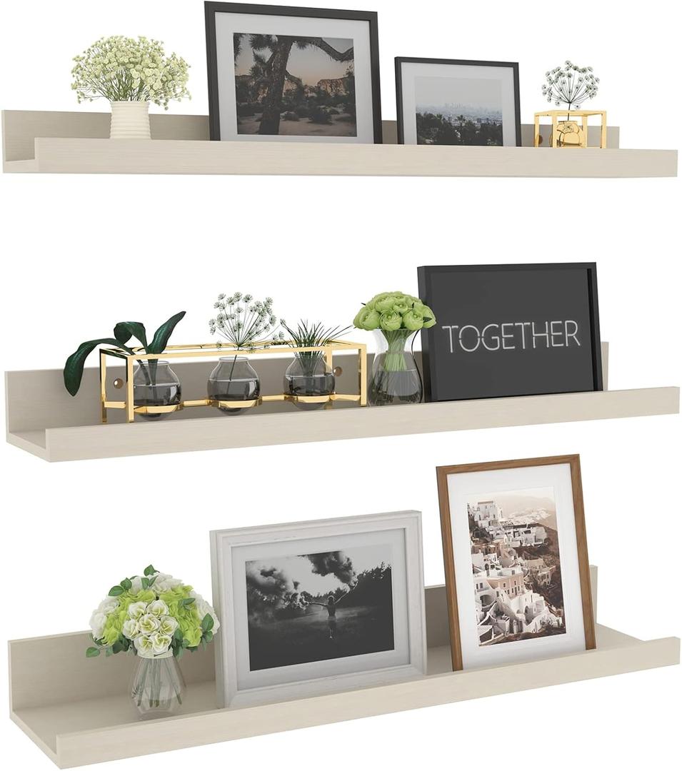 Giftgarden 24 Inch Floating Shelves for Wall, Creamy White Beige Wood-Grain Wooden Shelf Ledge for Bathroom Kitchen Living Room Nursery Bedroom Picture, Set of 3 Different Sizes
