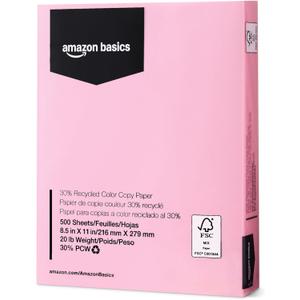 Amazon Basics 30% Recycled Color Copy Paper, 8.5" x 11", 20lb, Pastel Pink, 500 Sheets