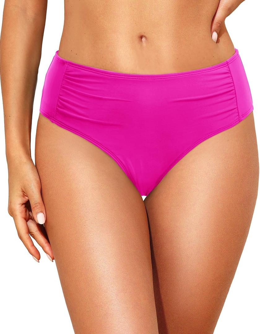 Women Full Coverage Bikini Bottoms - Mid Rise Bathing Suit Ruched Swim Bottom Swimsuit Swimwear (Small, Pink)