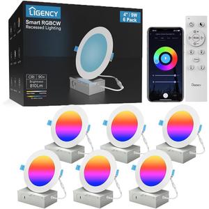 Ligency Smart Recessed Lighting 4 Inch, 9W Ultra-Thin Wi-Fi LED Downlight RGBCW Color Changing Ceiling Light Compatible with Alexa & Google Assistant with Junctio Box, 810 Lumen, 6-Pack