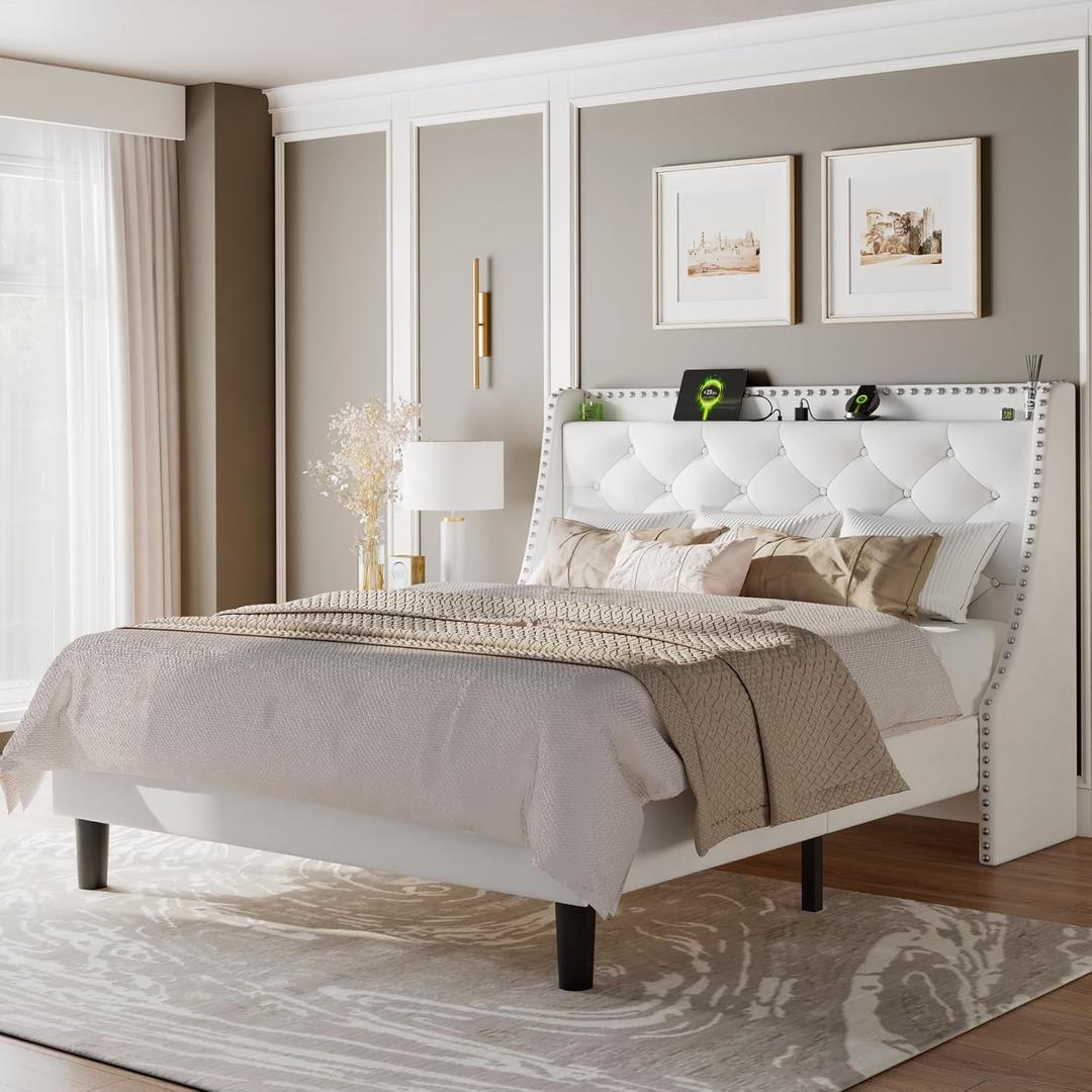 Feonase Velvet Queen Bed Frame with Luxury Wingback and Fast Charging Station,Upholstered Button Tufted Storage Headboard Platform Bed,Sturdy Wooden Slats Support,Noise-Free,Easy Assembly,White