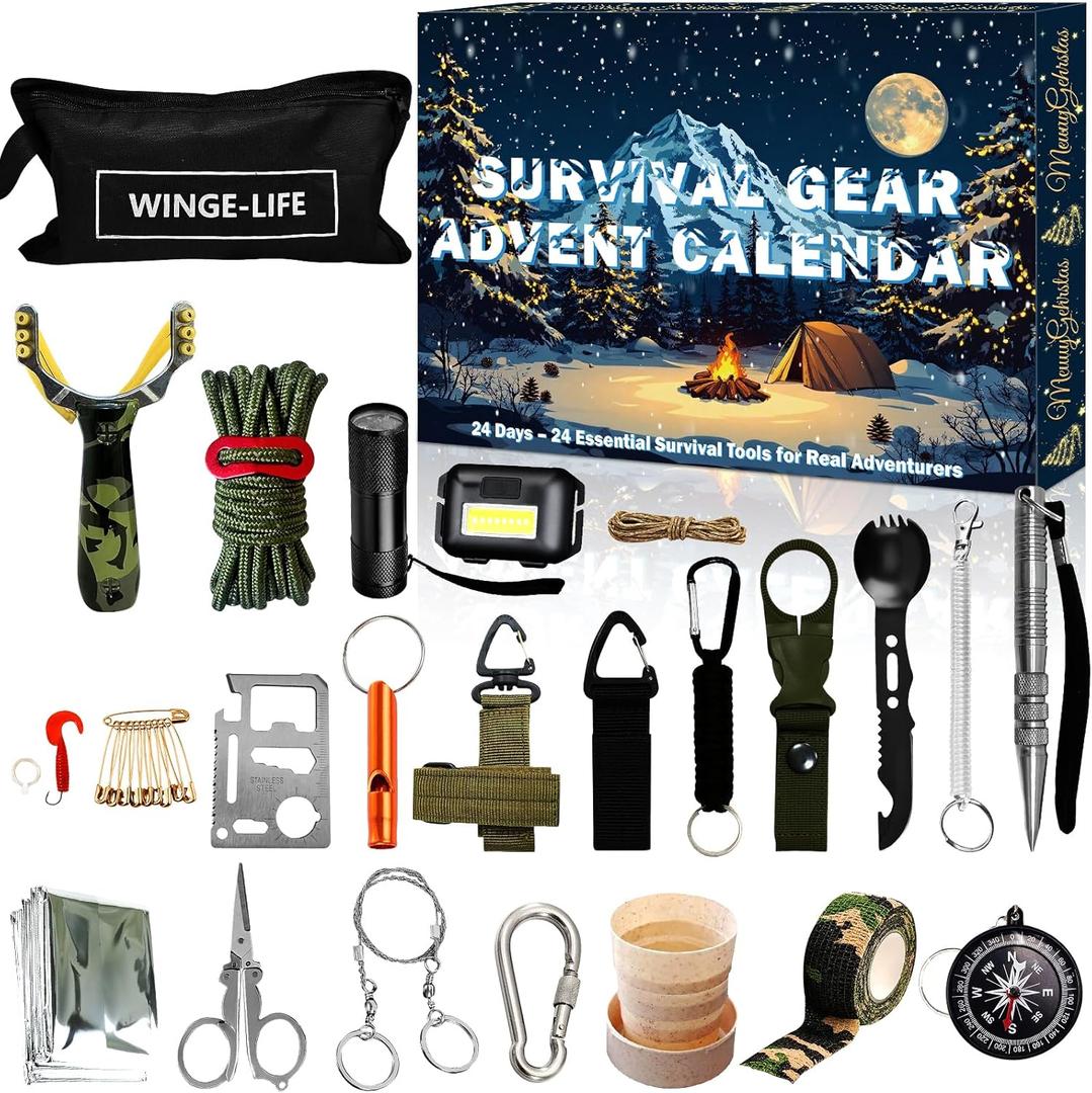 Survival Kit Advent Calendar for Men - Essential Outdoor Tools for Adult Teen 24 Days Christmas Countdown - 24 Outdoor Gadgets Camping, Hiking, Emergency Prep 2025 Holiday Countdown Gift