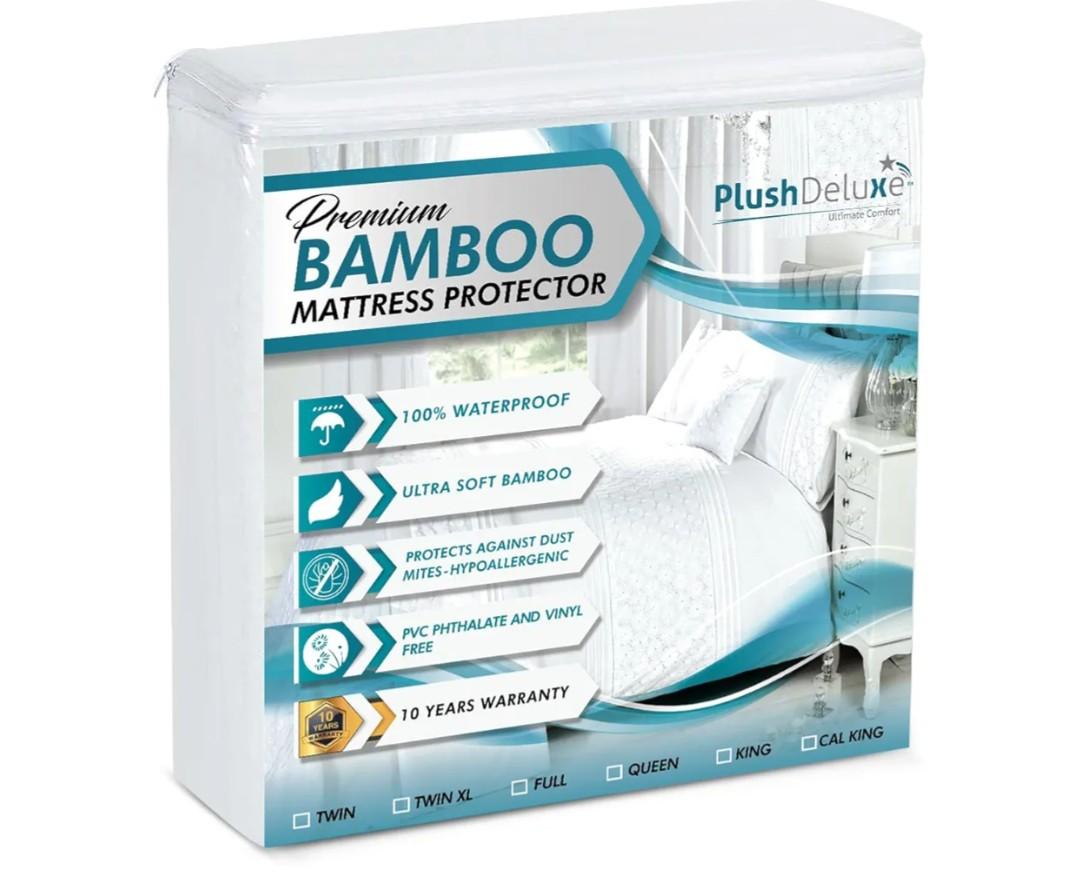 PlushDeluxe Premium Bamboo Mattress Protector – King Size, Waterproof, & Ultra Soft Breathable Noiseless Washable Bed Mattress Cover for Comfort & Protection - White