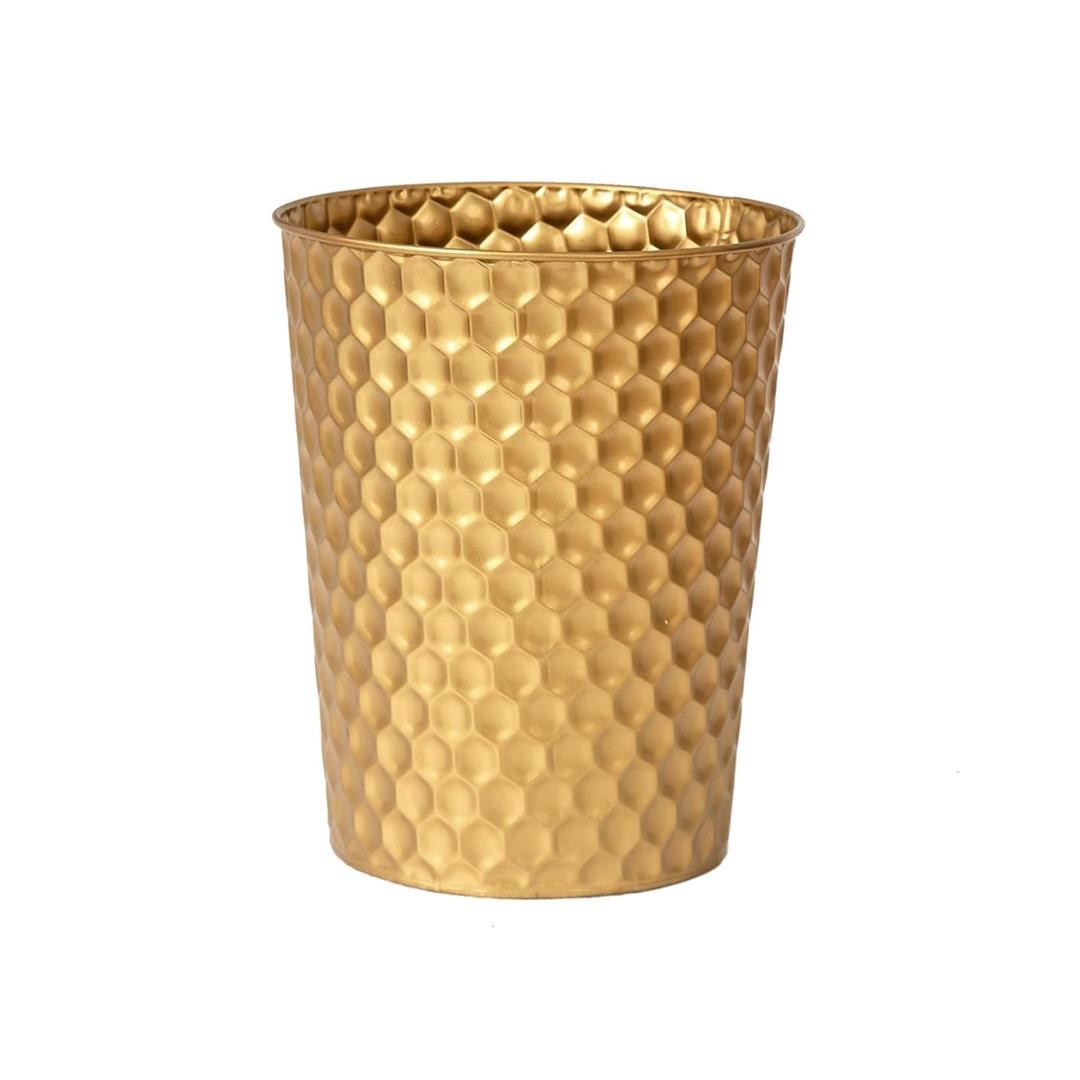 Small Metal Trash Can Wastebasket, Decorative Honeycomb Garbage Can Waste Basket, Modern Farmhouse Round Trash Bin for Bathroom, Bedroom, Kitchen and Office (Gold)