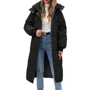 VXVGER Women Long Puffer Coat Winter Warm Hooded Jacket Long Sleeve Parka Full Length Down Coats With Zip (Medium, Black)