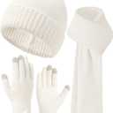 Hat Scarf And Gloves Set For Women,Womens Winter Beanie Hats Long Scarf Scarves Knit Touchscreen Gloves For Cold Weather (White)