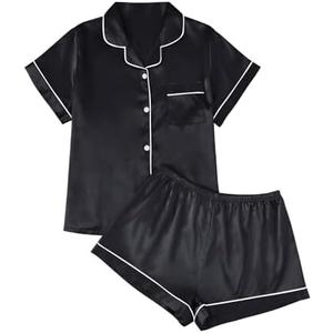 LILLUSORY Silk Satin Pajama Set for Women 2 Piece Lounge Pjs Shorts Matching Summer Sleepwear Button Down Shirt Shorts, Size: S