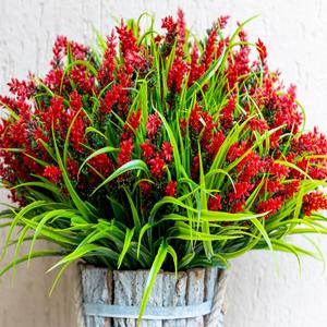 AXYLEX Artificial Flowers for Outdoors Plants - 20 Bundles Fake Lavender Plastic Faux Monkey Grass UV Resistant for Home Decorations (20, Red)