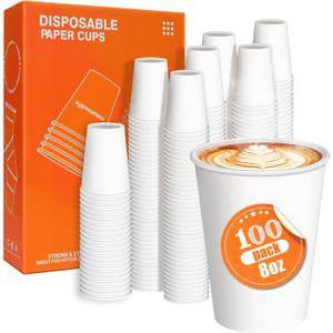 100 Count 8 oz Paper Cups, Disposable Coffee Cups 8 oz, White Hot/Cold Beverage Drinking Cups for Water Juice or Tea
