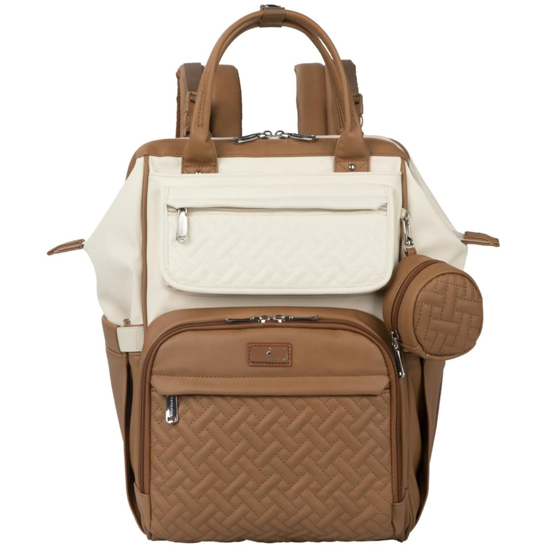 BabbleRoo Leather Diaper Bag Backpack, Multifunction Large Bags with Changing Pad & Stroller Straps & Pacifier Case, Unisex Stylish Travel Back Pack Nappy Changing Bag for Moms Dads (Caramel Cream)