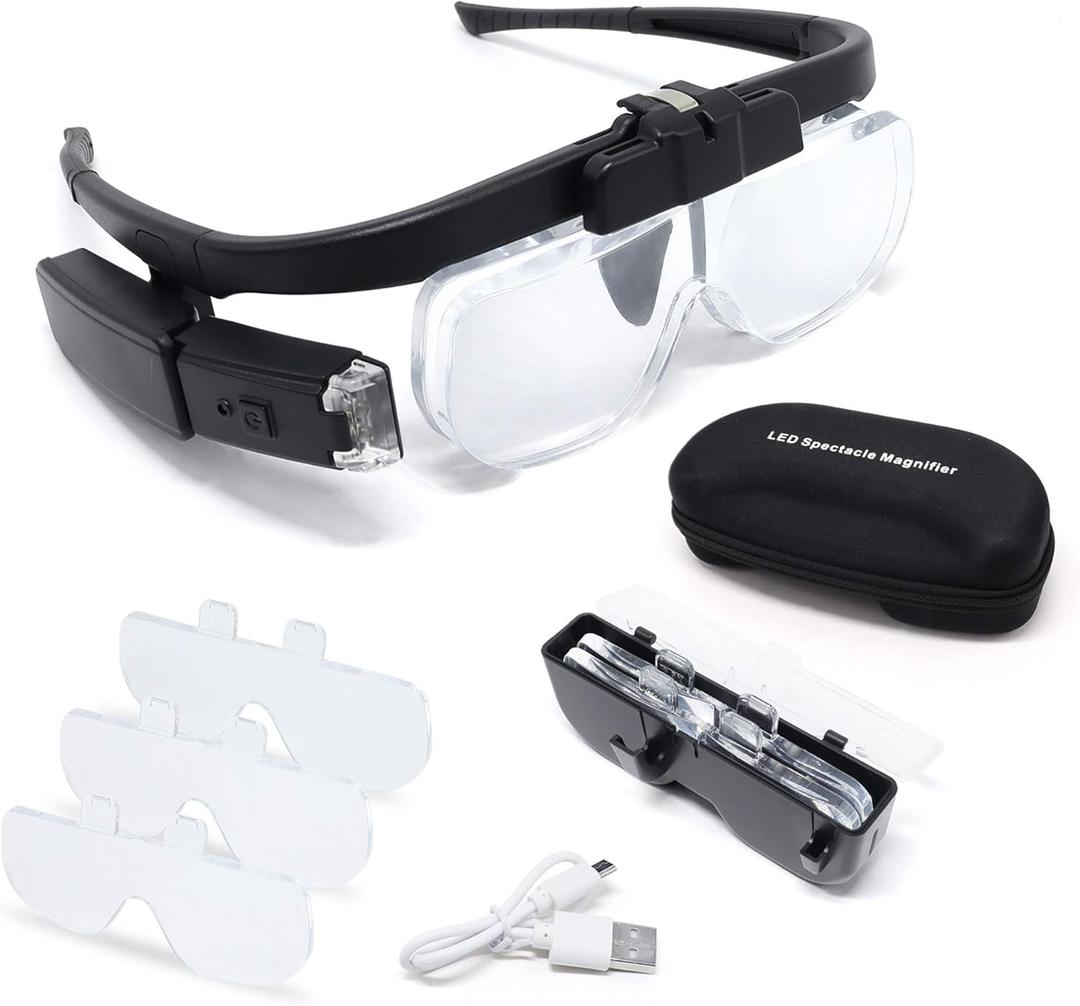 LED Head Mount Magnifier Glasses with 3 Detachable Lenses 2 Led Professional Jeweler Loupe Light USB Rechargeable Hands Free Headband Magnifying Glass for Reading Watch & Electronic Repair Sewing