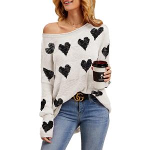 Tutorutor Womens Cute Love Heart Print Sweaters Oversized Off The Shoulder Loose Knitted Valentine Pullover Blouse Top (Small, White Black)