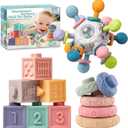SpringFlower 3 in 1 Montessori Toys for Babies 0-3-6-12 Months, Rattle Teether & Baby Blocks & Soft Stacking Rings, Sensory Developmental Education Toys,Gift for Toddler Baby 0-3-6-12-18 Months