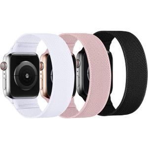 Stretchy Nylon Solo Loop Bands Compatible with Apple Watch 38mm 40mm 41mm 42mm 44mm 45mm 46mm 49mm Ultra 2 iWatch Series 11 10 9 8 7 SE 6 5 4 3 2 1 Strap,Sport Elastic Braided Women Men (3A-Black/White/Pink Sand)