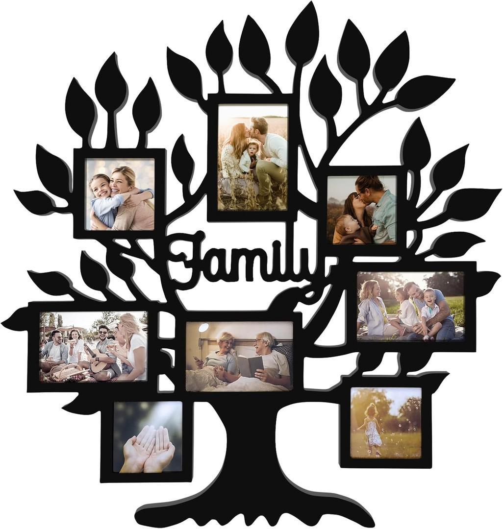 Family Tree Photo Collage Frame for Living Room, 26 x 27 Inch Rustic Family Tree Picture Frame Wall Decor for Home, Farmhouse Photo Frames Multiple Pictures, Family Tree Wall Art for Living Room (Black)