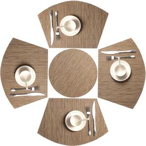 SHACOS Small Round Table Placemats Set of 5 Woven Vinyl Wedge Placemats with Centerpiece Round Table Mats Heat Resistant Wipe Clean (5, Tan)
