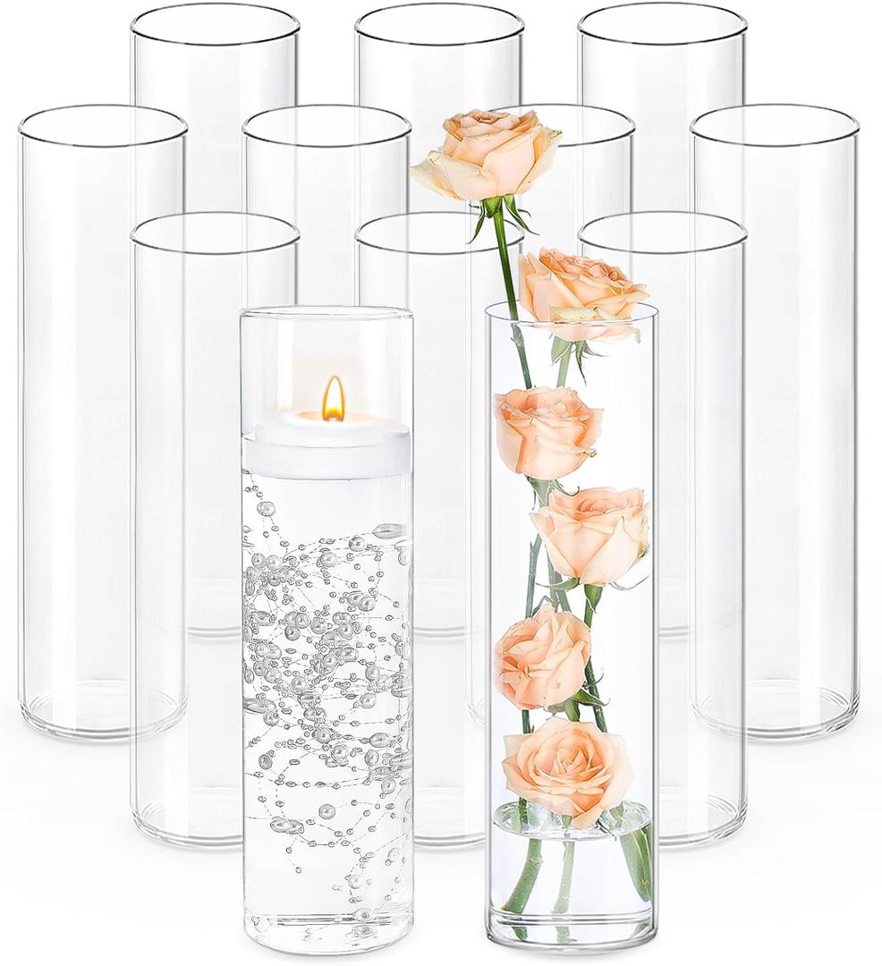TBWIND 12Pcs Glass Cylinder Vases 12 Inch Tall Clear Flower Vases for Centerpieces Wedding Decoration, Hurricane Floating Candle Holder for Party Table Home Decor