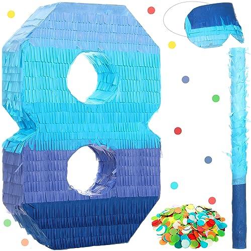 Sratte Number 1 2 3 4 5 6 7 8 9 Piñata with Stick Blindfold Confetti, Gradient Blue Piñata for Kids Boys Girls Birthday Party Anniversary Decorations Supplies(Number 8)