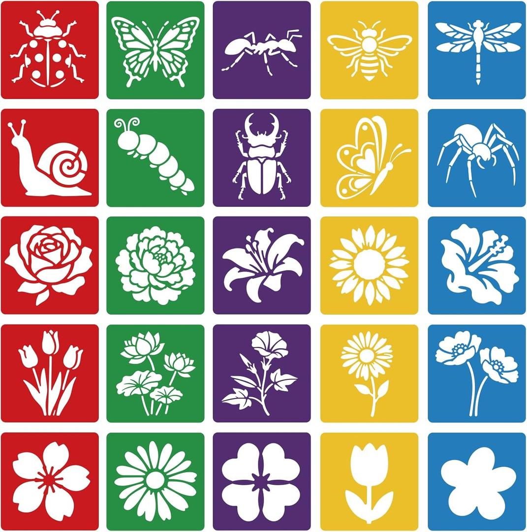 CUTHOLLOW 25PCS Floral&Insects Pattern Painting Shape Stencils Sets - 8 Inch Reusable&Washable Drawing Template, Different Primary Themed Sidewalk Chalk Art Stencils Kit for Craft Room Wall Paper