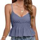 LYANER Women's V Neck Elastic Waist Pleated Ruffle Hem Sleeveless Strappy Crop Cami Top (Blue, XL)