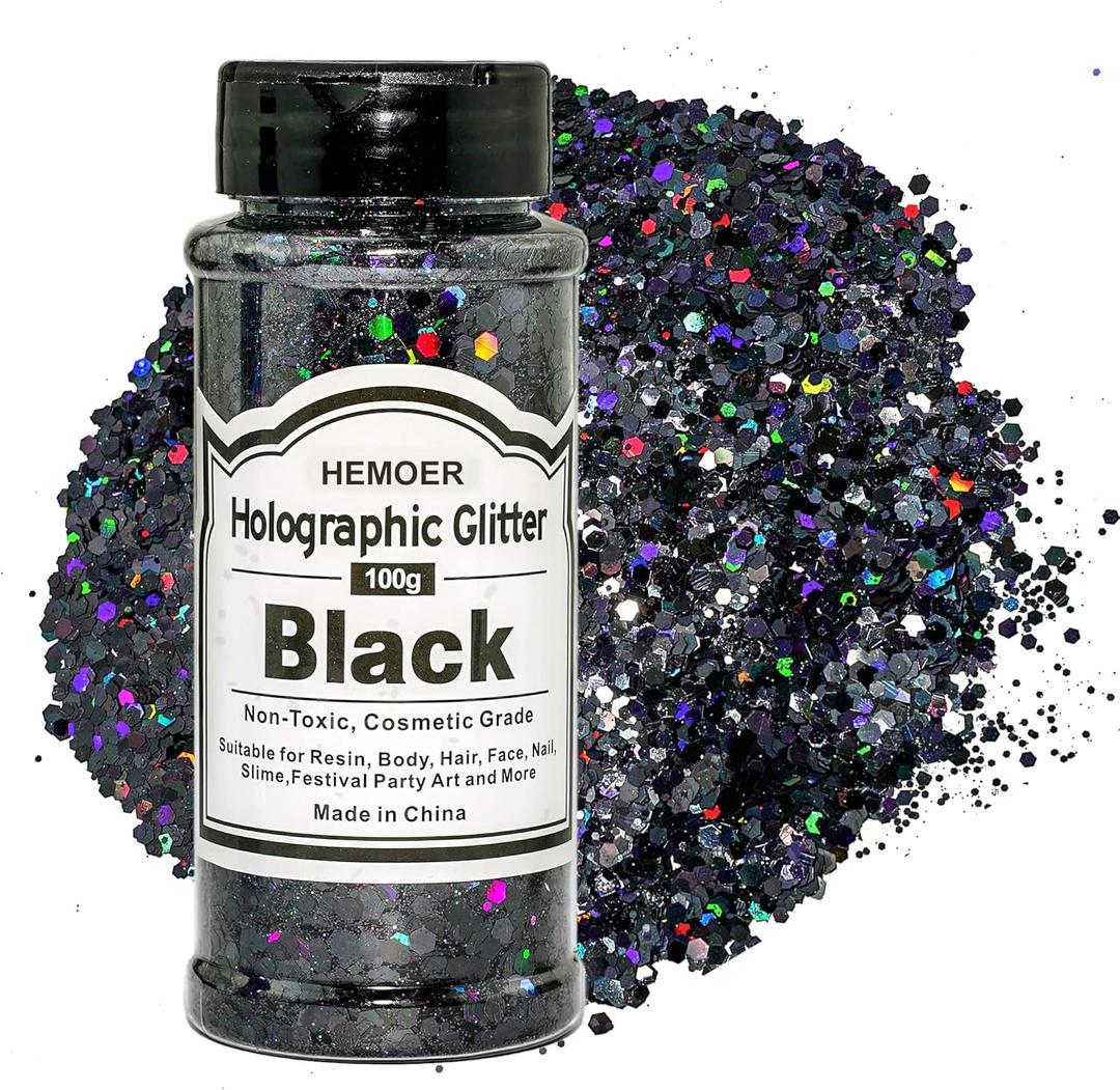 HEMOER Black Glitter, 100g/3.5oz Holographic Chunky Glitter Mixed Hexagon Chunky & Fine Flakes Iridescent Sequins for Epoxy Crafts, Resin, Nail Body, Tumblers, Festival Party