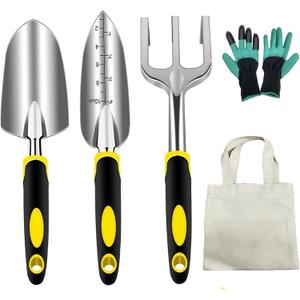 Professional 5-Piece Gardening Tool Set - Heavy Duty Aluminum Rust-Resistant Kit with Ergonomic Hand Trowel, Transplanter, Rake, Claw Gloves & Canvas Tote Bag - Perfect Gardening Gifts for Women & Men