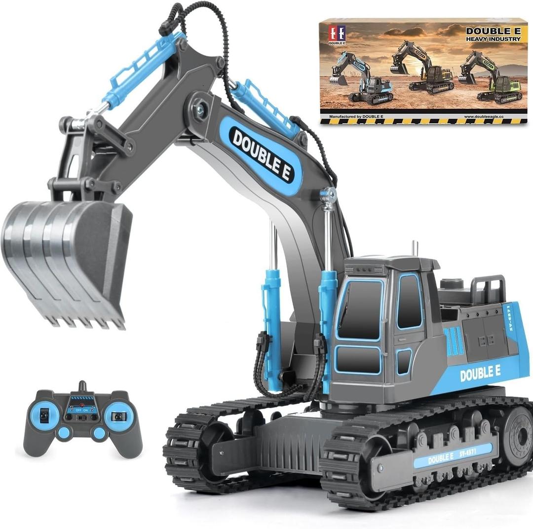 DOUBLE E Remote Control Excavator Toy RC Excavators Rechargeable Battery Digger Hydraulic Construction Toys Vehicles Xmas Gift for Boys Girls Kids 3-14 YearsGray-Blue