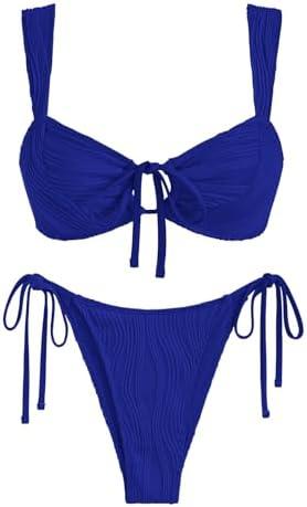 ZAFUL Women's Cinched Bikini Solid Color Wave Textured Knotted Tied Side Two Piece Swimsuit Bathing Suits M