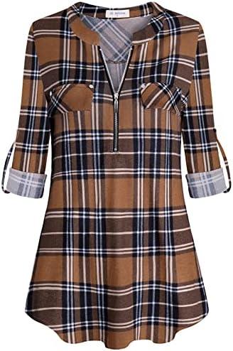 Bulotus Women's Zip Front V-Neck 3/4 Length Sleeve Womens Tops Business Casual Shirts 3XL