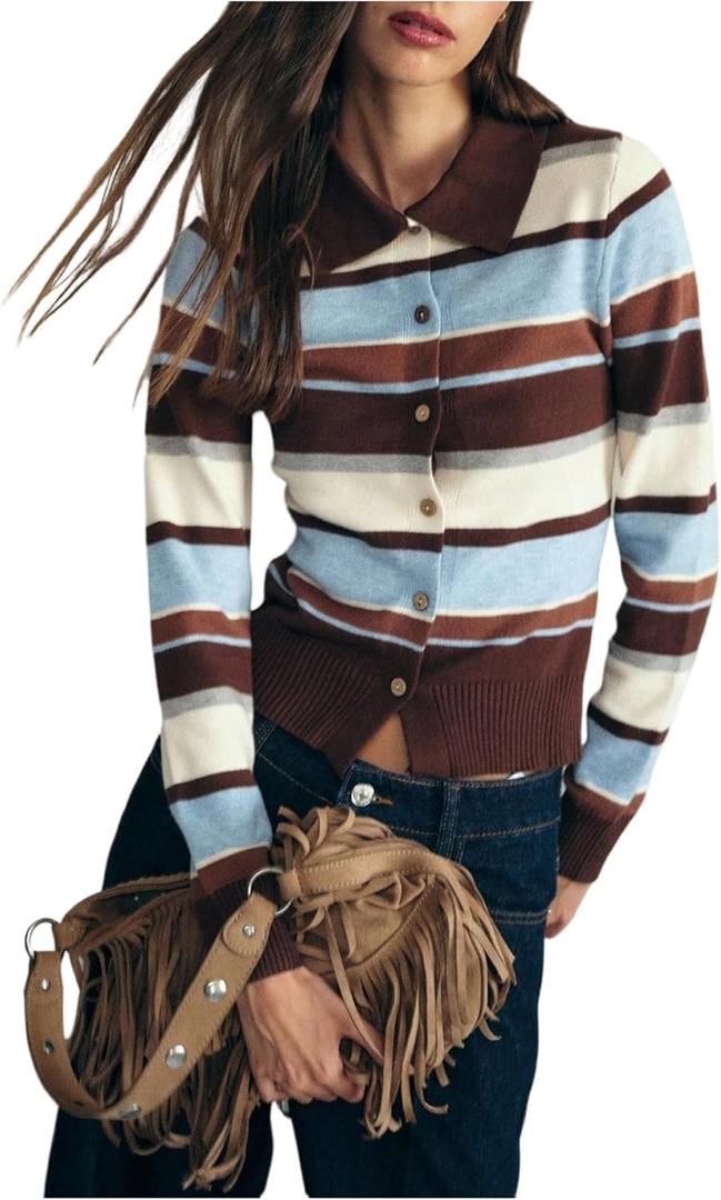 MakeMeChic Women's Striped Cardigan Color Block Button Down Collared Long Sleeve Knit Sweater (S)