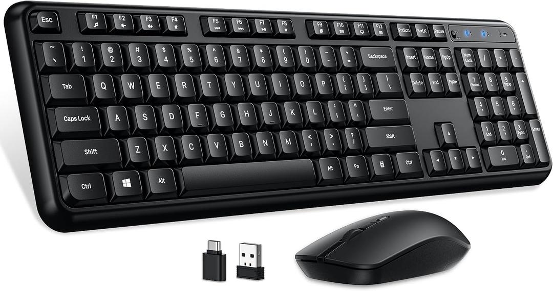 Hamile Wireless Keyboard and Mouse Combo, Full Size Silent Keyboard and Mouse, Adjustable 1600 DPI, 12 Multimedia Shortcuts, 2.4GHz Wireless Connection, Type-C Adapter for Computer Laptop Windows PC