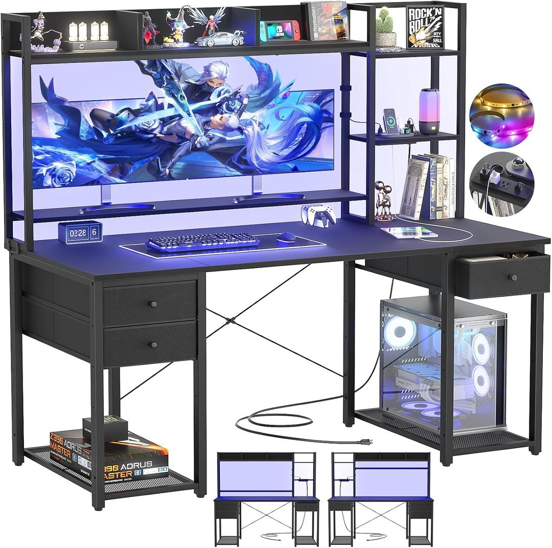 Aheaplus Desk with LED and Outlets, Gaming Desk with Hutch, 55.2'' Computer Desk with Drawers, Reversible Office Desk with Storage Bookshelf Large Workstation Desk with Shelf, Desk for Home, Black
