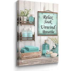 BJYCHG Teal Bathroom Wall Art Turquoise Wall Decor Rustic Bathroom Signs Canvas Prints Farmhouse Flowers Bottles Painting Picture Toilet Decor Framed (Teal, 24L x 16W)