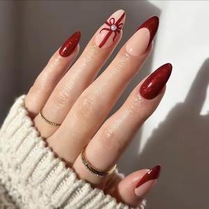 LPOODDNU Christmas Press on Nails Medium Almond Fake Nails, 24Pcs Red Christmas French Tip Glue on Nails Full Cover Red Bow Tie Christmas False Nails Cute Design Christmas Acrylic Nails for Women