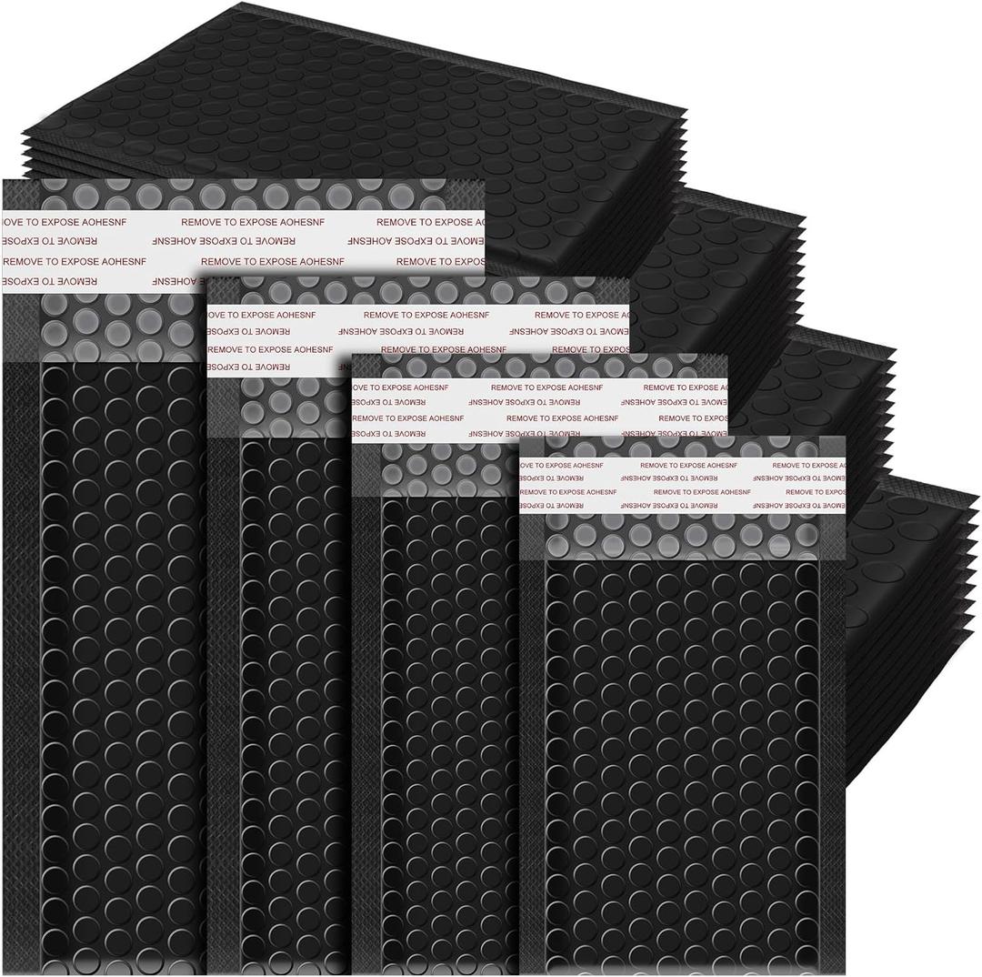 Henoyso 100 Pcs Bubble Mailer 4 Sizes Self Adhesive Black Waterproof Padded Envelopes Cushioning Seal Bubble Shipping Envelopes for Mailing Packaging Small Business Packing Supplies