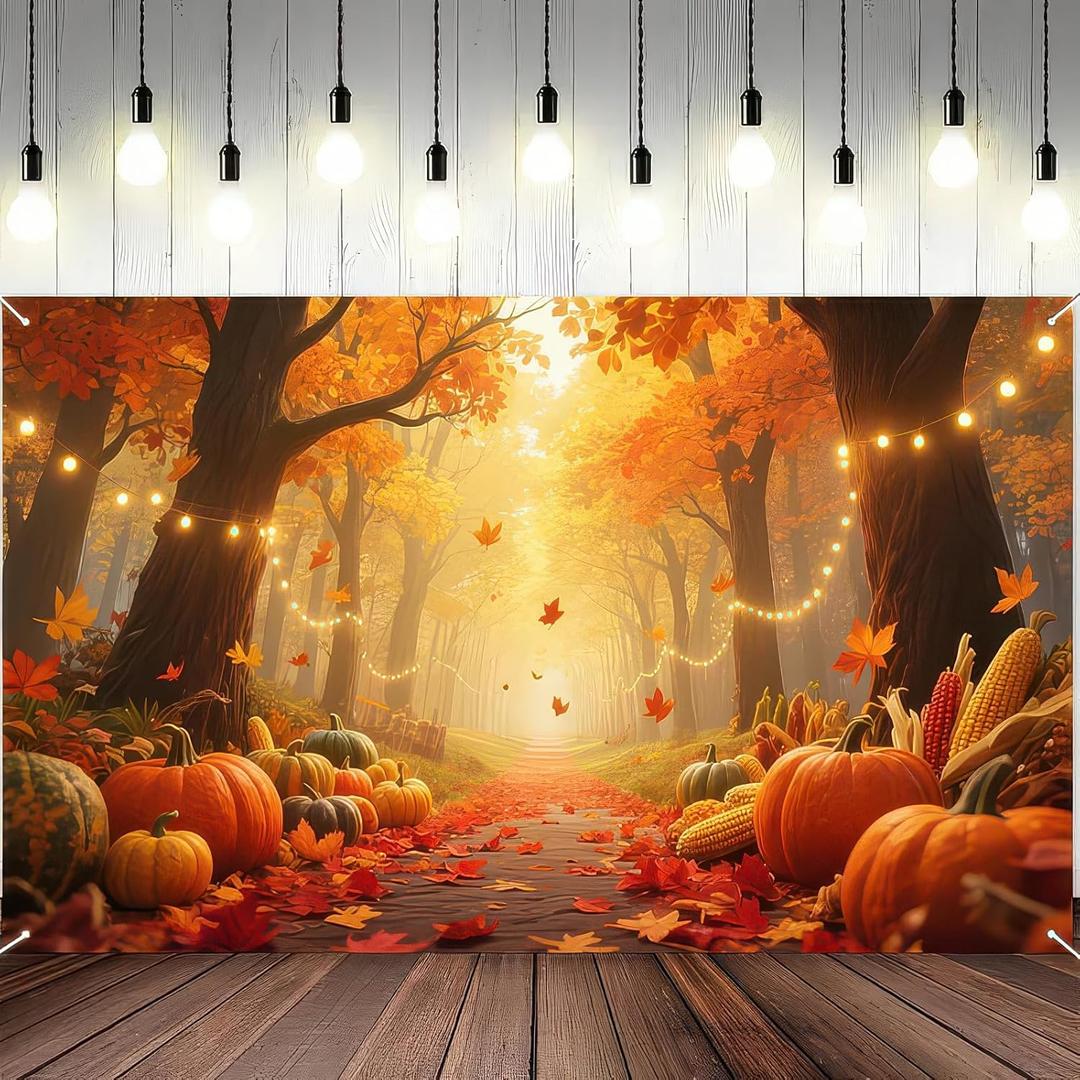 Fall Backdrop Autumn Golden Maple Forest Photography Background Banner Fall Maple Leaves Pumpkin Decorations Thanksgiving Party Supplies Farm Harvest Event Banner 71x43 Inchs