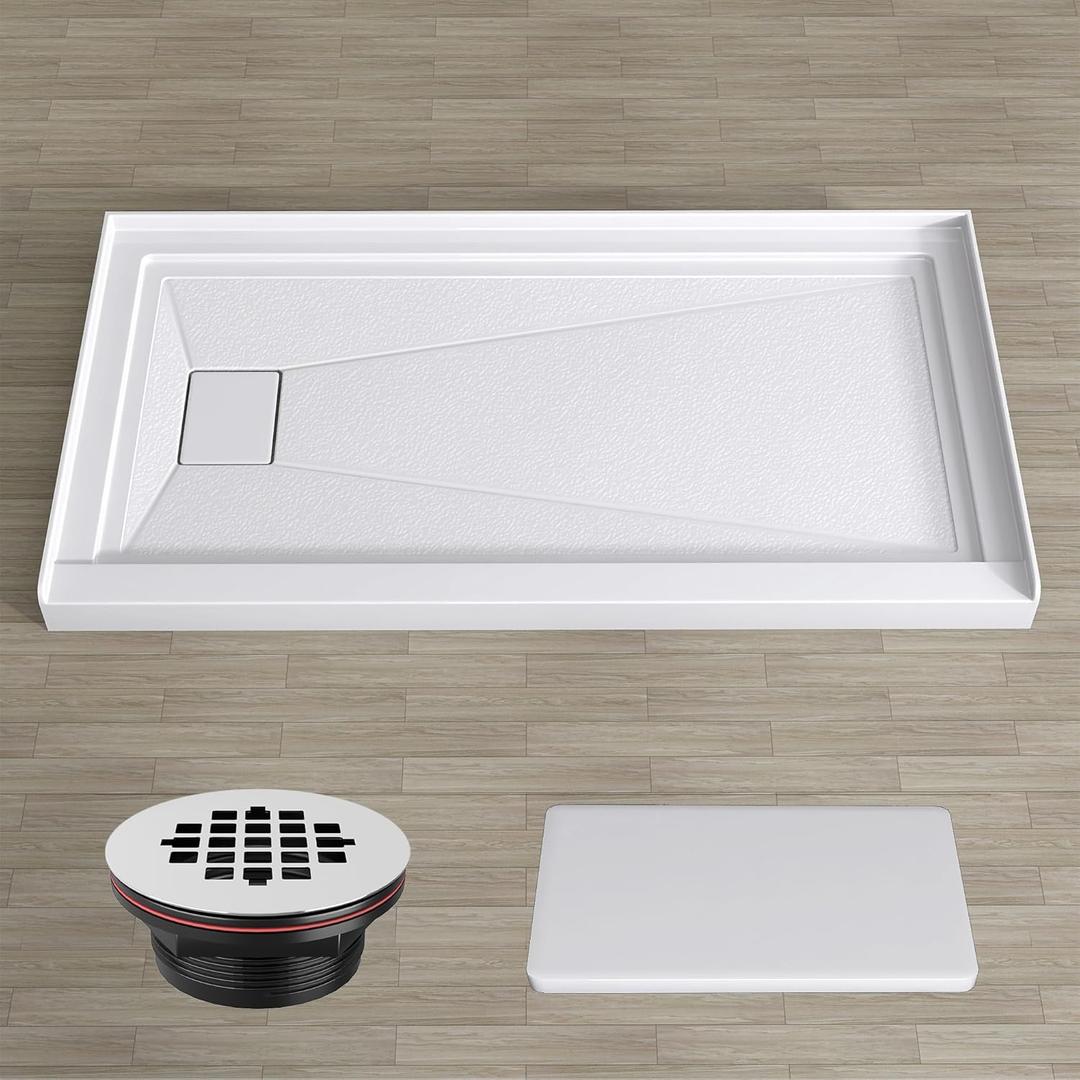 GETPRO Shower Pan Base 60 in. L x 32 in. W Left Drain Single Threshold Shower Pan With Non-Slip Textured Surface, White Acrylic Shower Floor Base for Bathroom with Drain and White Cover Included