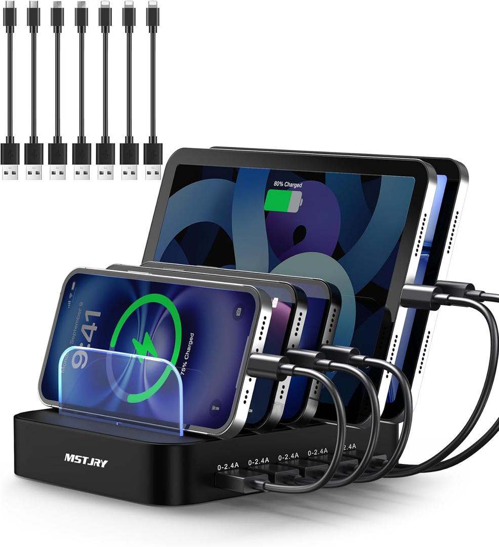 MSTJRY Charging Station for Multiple Devices : 5 Port Multi USB-A Charger Stations Multi-Device Organizer Charging Dock Designed for iPhone iPad Cell Phone Tablets (7 Short Cables Included), Black MSTJRY Charging Station for Multiple Devices : 5 Port Multi USB-A Charger Stations Multi-Device Organizer Charging Dock Designed for iPhone iPad Cell Phone Tablets (7 Short Cables Included), Black
