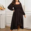 SCOMCHIC Women Plus Size Cocktail Dress Formal Long Sleeve Wedding Guest Smocked High Low Ruffle Dress with Belted (XXXL)