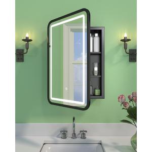 16x24 Inch LED Medicine Cabinet Mirror for Bathroom, Wall Mounted or Recessed Medicine Cabinet with Lights and Mirror, Full Metal, Stable & Removable 2 Shelves, Dimmable 3 Lighting Colors, Black