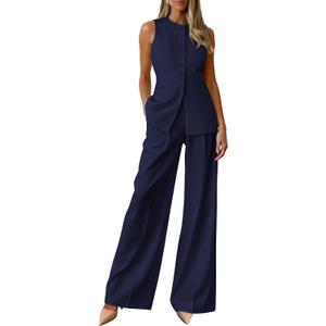 PRETTYGARDEN Women's 2 Piece Sets Summer 2026 Work Clothes Sleeveless Blazer Vest Pants Suits Spring Business Casual Outfits (Blue, S)