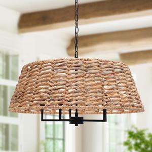 KSANA 26" Large Boho Rattan Chandelier, 5-Light Handwoven Wicker Drum Pendant with Adjustable Chain, Modern Farmhouse Black Dining Room Chandelier for Kitchen Island, Living Room, Entryway, 26" W × 13" H