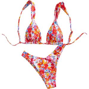 SOLY HUX Bathing Suit for Women Floral Print Triangle High Cut Swimsuit Two Piece Bikini Set (Small)