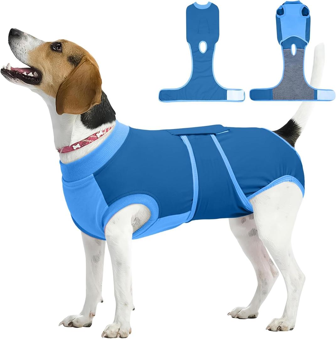 Kuoser Dog Recovery Suit, Female/Male Post-Surgery Anti-Licking Pet Surgical Suit, Blue, Medium, Cotton and Spandex Blend, Medium