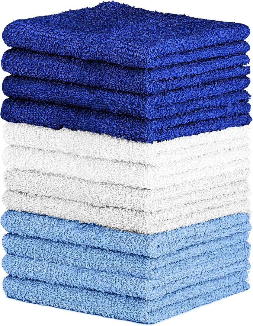 2 x QUBA LINEN 100% Cotton Washcloth Set – Soft, Absorbent Face Towels for Bathroom & Gym Use – Durable & Reusable Wash Cloths - (Blue, White and Navy (12x12), (Pack of 12)