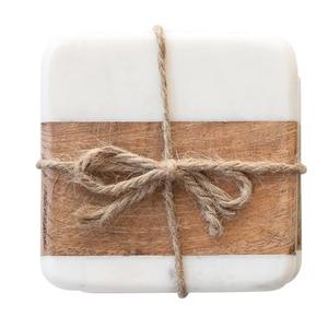 Marble & Acacia Wood Coasters, White & Natural, Set of 4