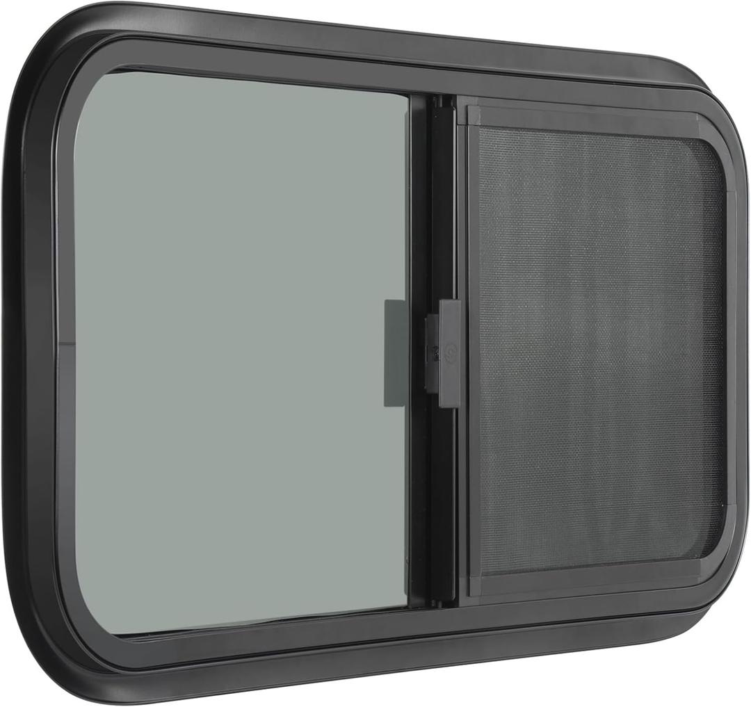 Horizontal RV Window, 24" W x 20" H Tinted Sliding RV Window with Net Screen and Trim Ring, Suitable for 1-1/8" Thick Walls, DOT Approved