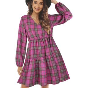 FANCYINN Womens Long Sleeve Buffalo Plaid Shift Tunic Dress Ruffle Hem Vneck Casual Swing Babydoll Mini Dress with Pockets (X-Small, Rose Red Plaid)